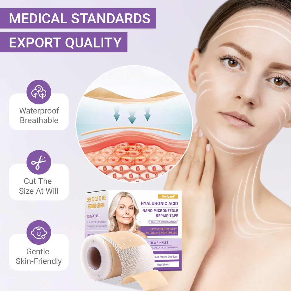 ✅Official Store | Ourlyard® Hyaluronic Acid Nano Microneedle Repair Tape 🦘❤️(Repairs wrinkles, fine lines, skin laxity, etc., suitable for multiple areas such as the face, hands, abdomen, legs – 1.6 inch x 59 inch roll)